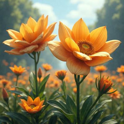 The primary subject of the image is a field of flowers, with a focus on two large, bright yellow flowers. The setting is a sunny day, and the flowers are in full bloom. The visual style of the image is a digital art or illustration, creating a vibrant and lively atmosphere. The dominant colors are yellow and orange, which contribute to the cheerful and warm mood of the scene.